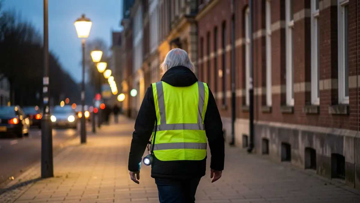 Pedestrian with a fluorescent vest and LED light on backpack, walking visibly on a lit sidewalk in Hoeilaart at dusk.