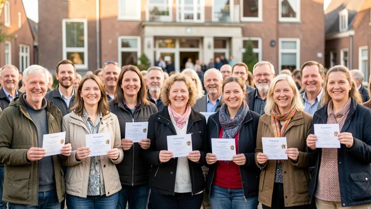 Group photo of winners of a summer quest with their prizes, with a Flemish town hall in the background.