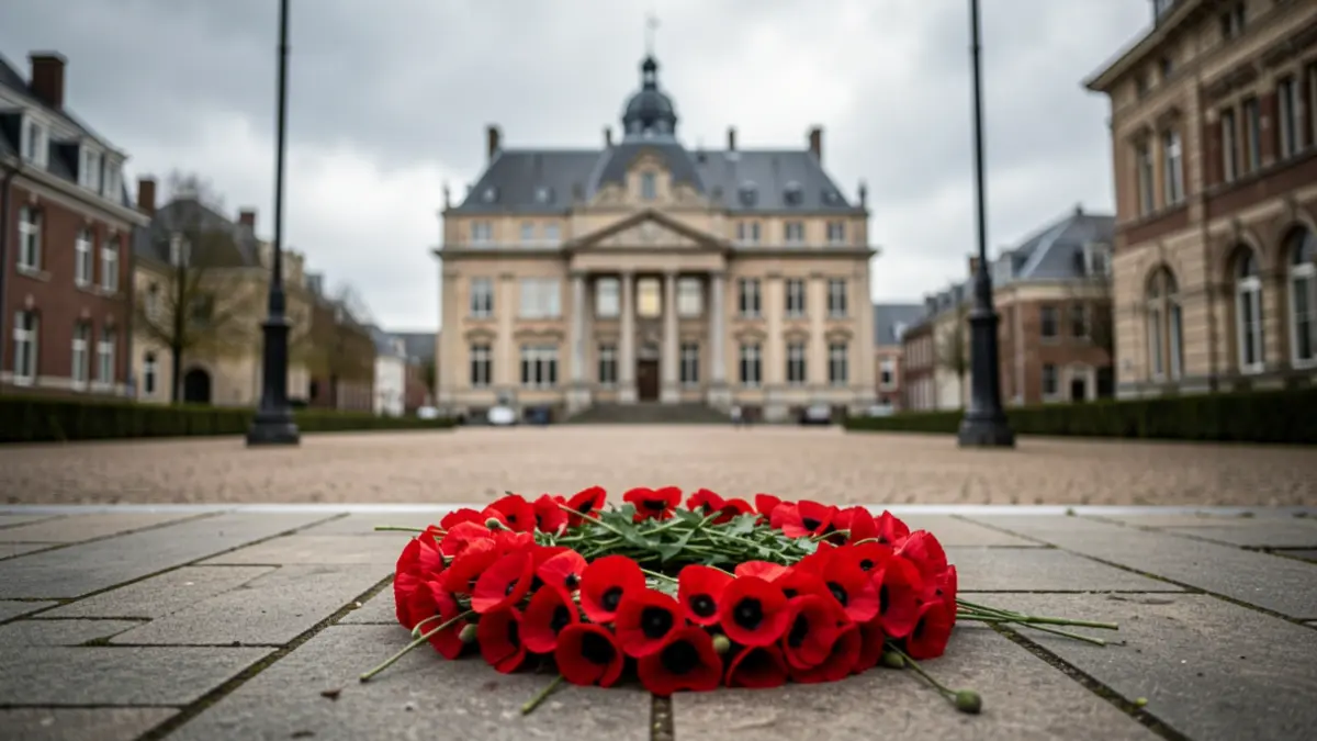 Generic image of a war memorial with a wreath, typical Flemish architecture in the background, and an overcast sky.