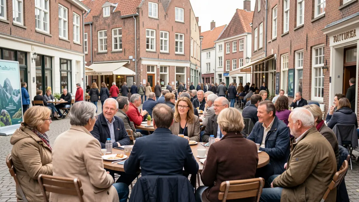 Groepsfoto van anderstaligen en Nederlandstaligen die informeel Nederlands oefenen in een Vlaamse stad, met het Taaltuinen-logo.