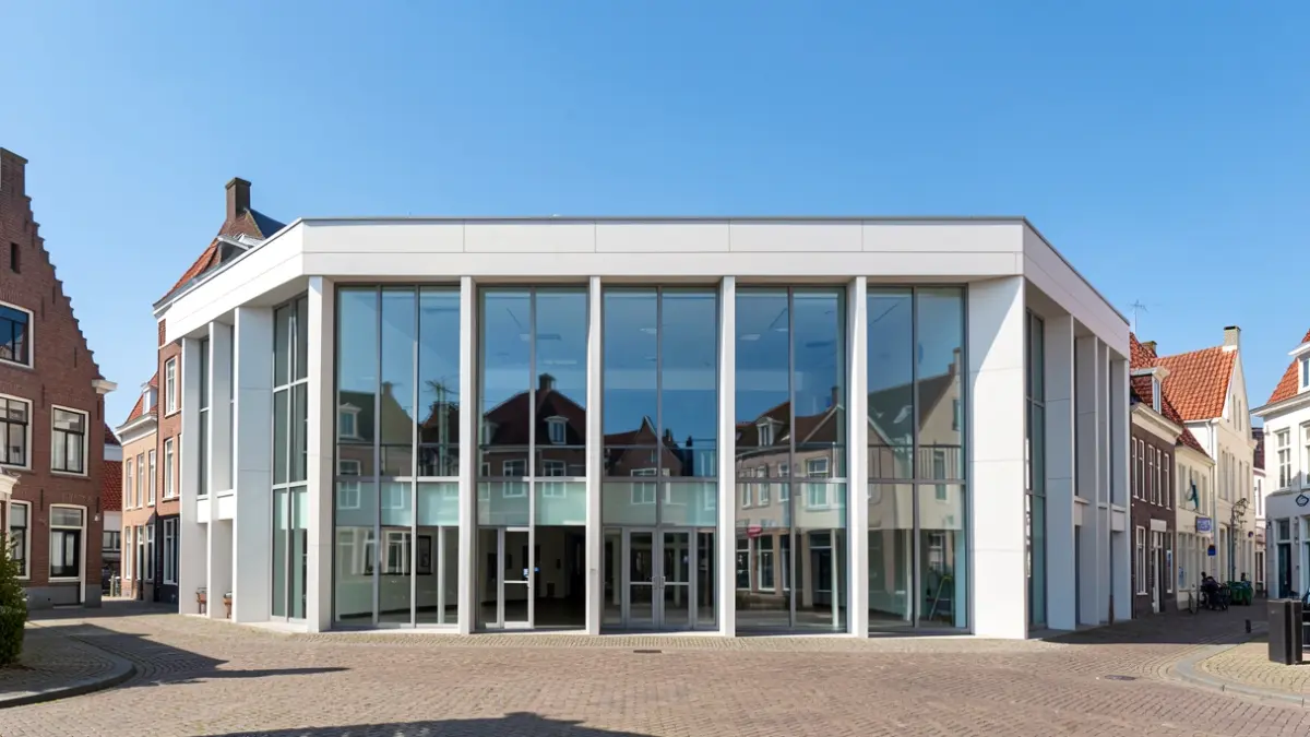 Generic image of a modern public building with large glass windows in a Flemish coastal town, in bright daylight.