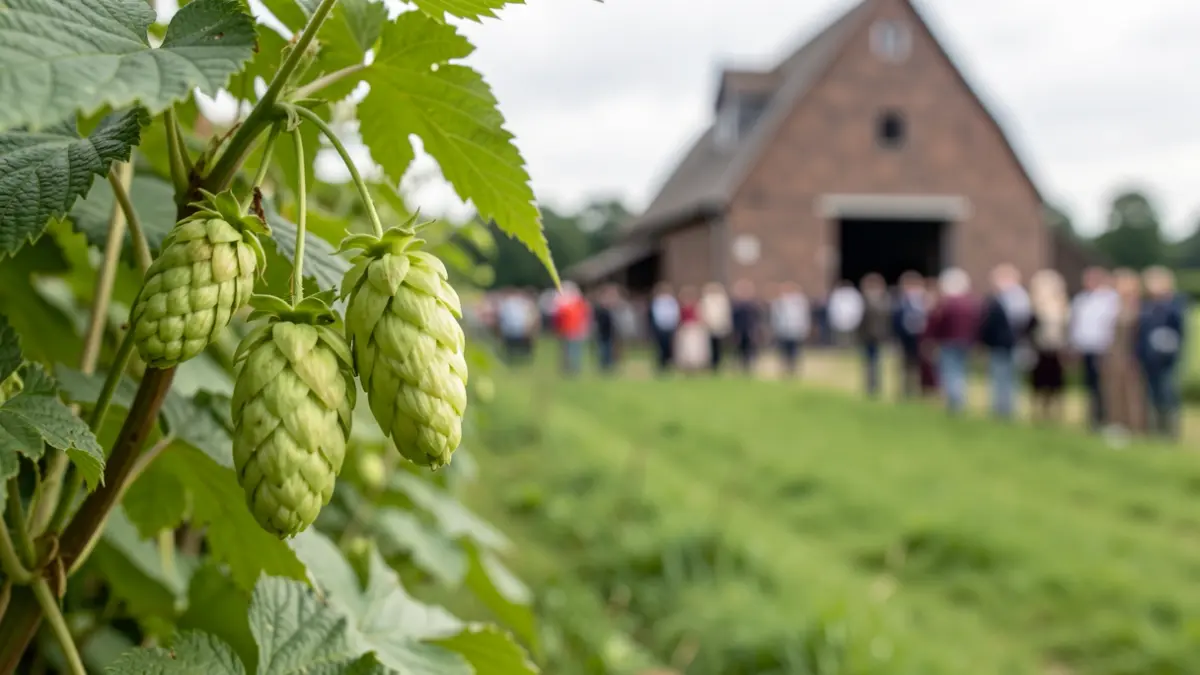 Hoprank met hopbellen in de Westhoek, met op de achtergrond een traditionele Vlaamse schuur.