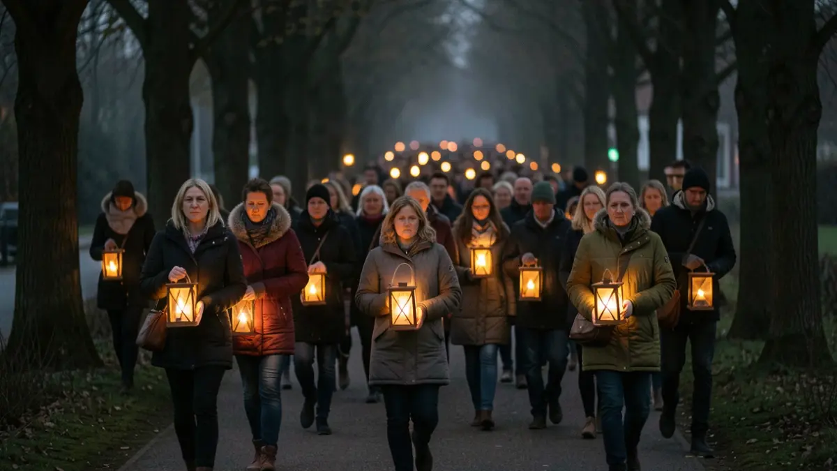 Generic image of a solemn procession with homemade lanterns in the dark, featuring a warm glow and a sense of connection.