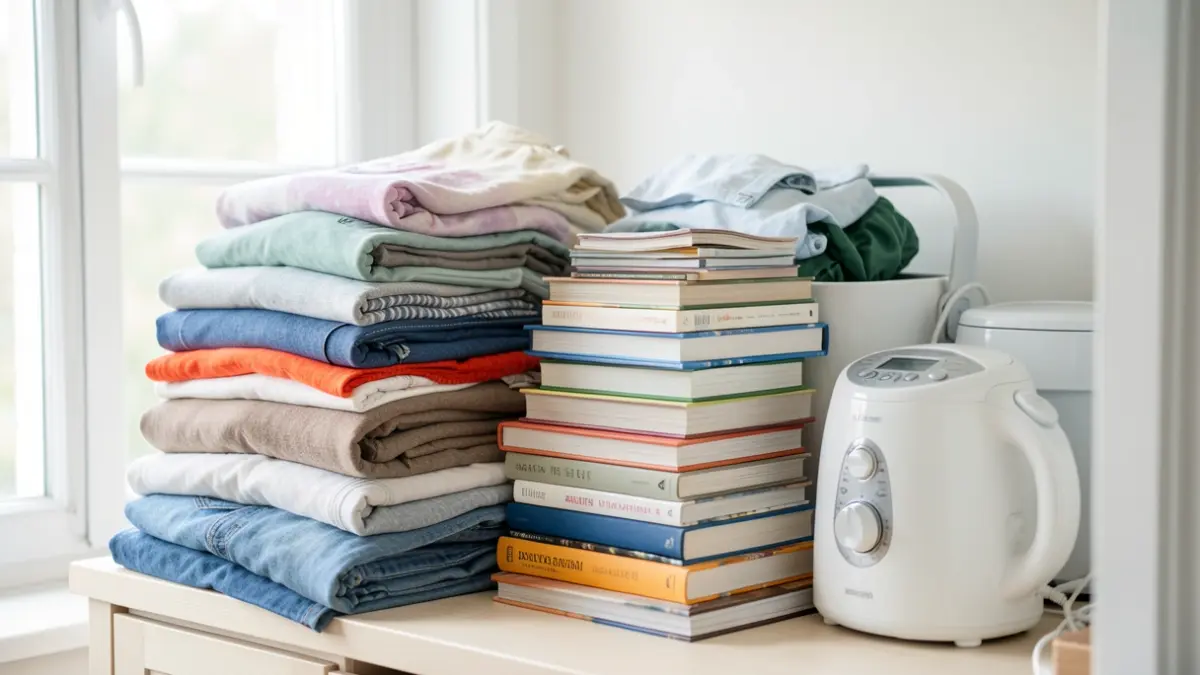 Generic image of a pile of reusable items like clothes, books, and small appliances neatly stacked in a bright, clean storage area, symbolizing recycling and reuse. Soft, natural light illuminates the scene.