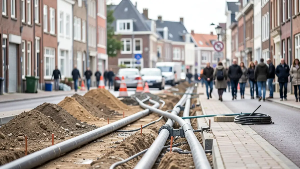 Generieke afbeelding van een bouwplaats in een Vlaamse straat met nieuwe leidingen en wegenwerken, met vage woonhuizen op de achtergrond.
