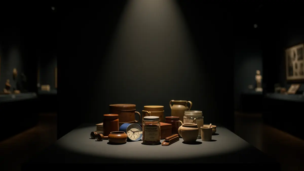 Generic image of a museum interior with dim lights and a spotlight on everyday objects, conveying uncertainty and concern.
