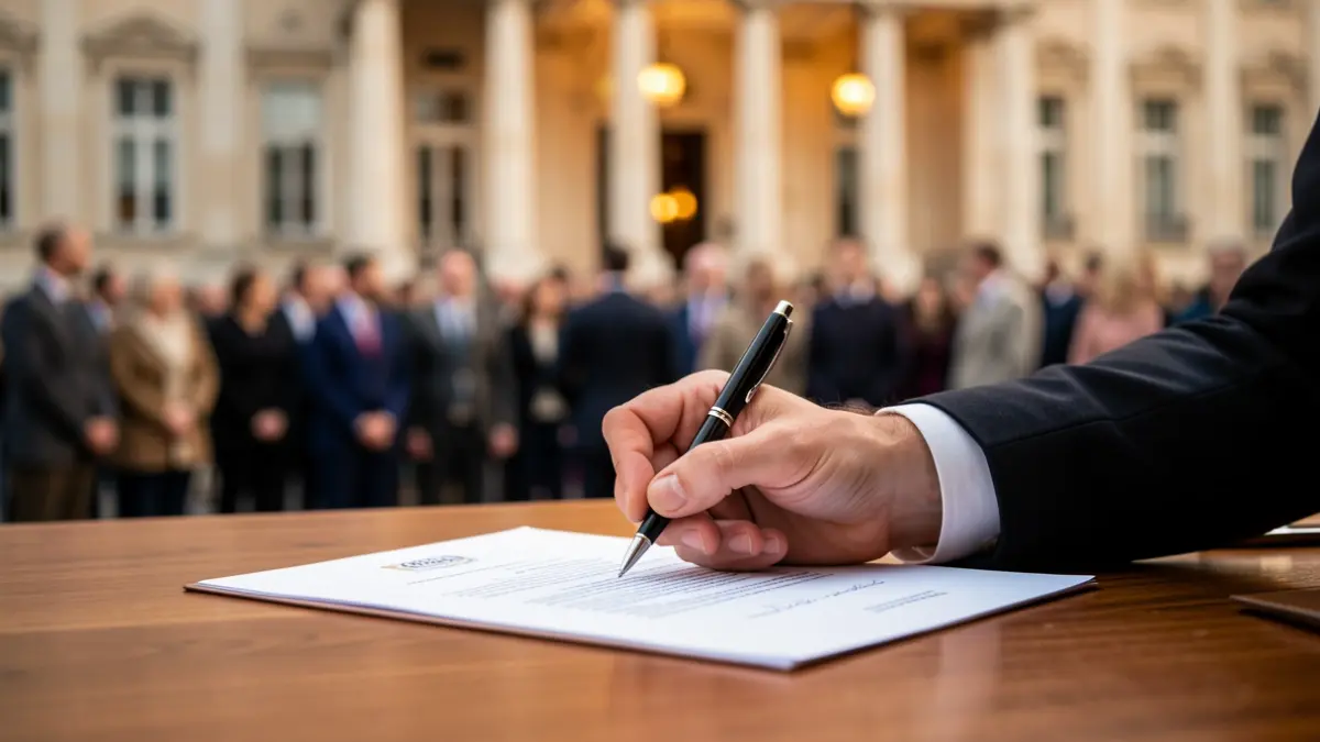 Generieke afbeelding van een hand die een document ondertekent op een houten bureau, met een wazige achtergrond van een overheidsgebouw.