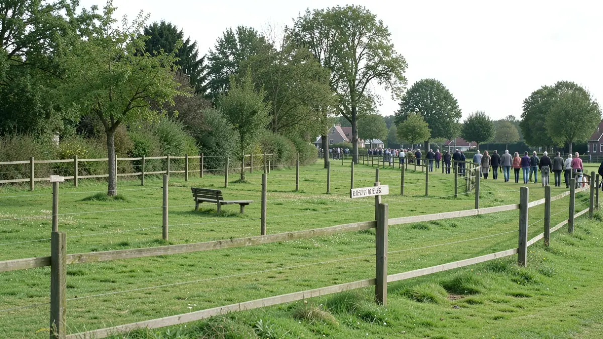 A spacious, fenced-off grassy field in Flanders with trees and bushes, a bench, and a signpost. Natural daylight.