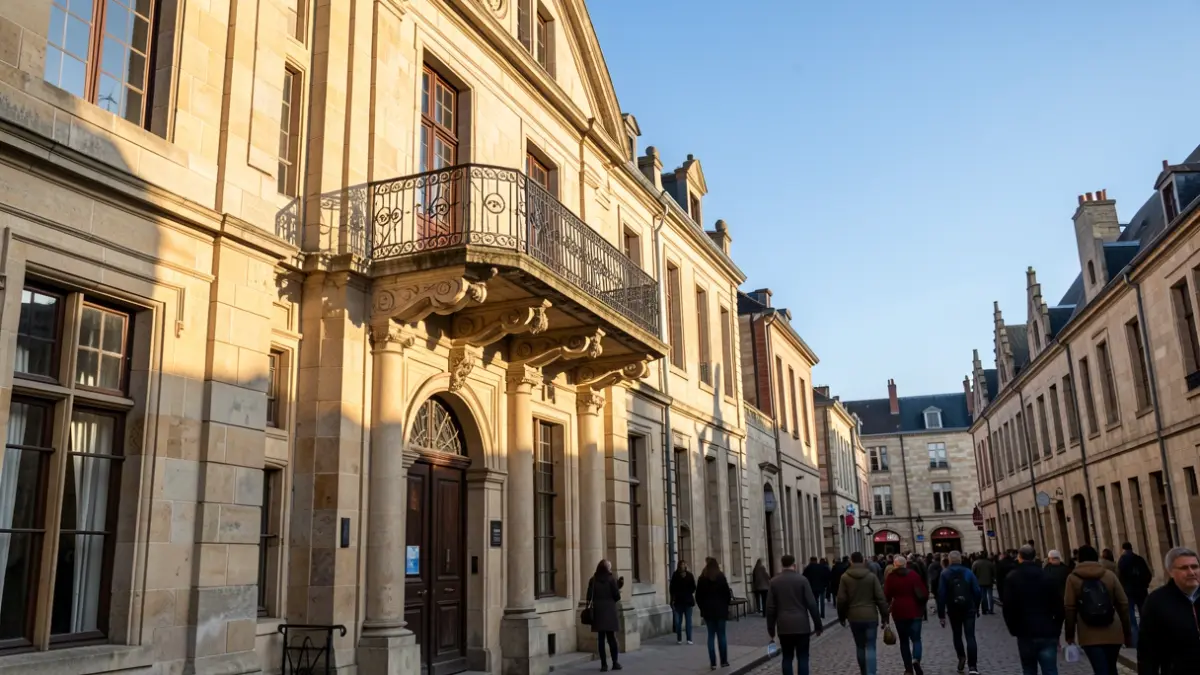 Het stadhuis van Hoeilaart met een balkon en balustrade, in de namiddagzon.