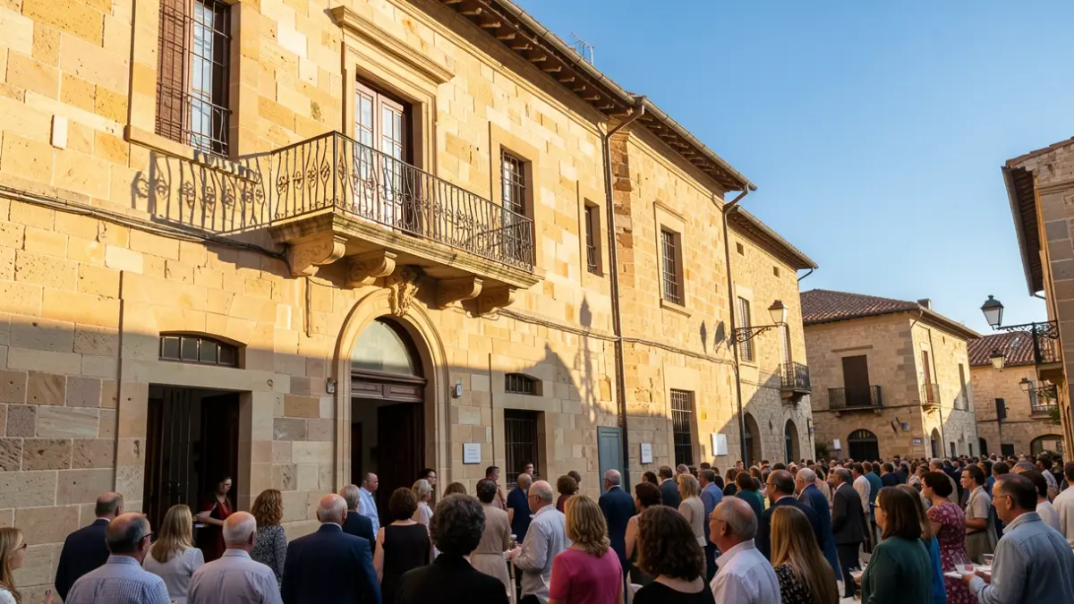 A traditional stone town hall facade with an ornate balcony and iron railings, warm afternoon sunlight casting shadows on the sandstone walls, blue sky, documentary photography style. The scene should evoke a sense of community celebration.