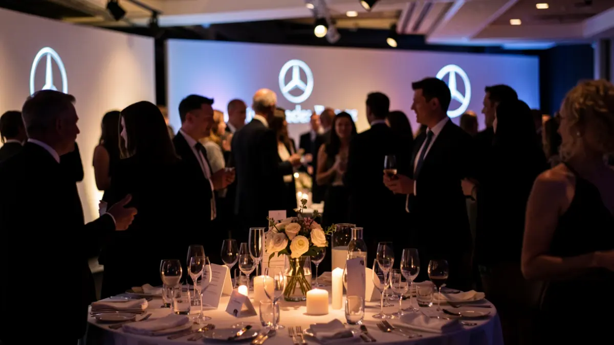Generic image of a festive evening event with blurred silhouettes of networking people and subtle background lighting.