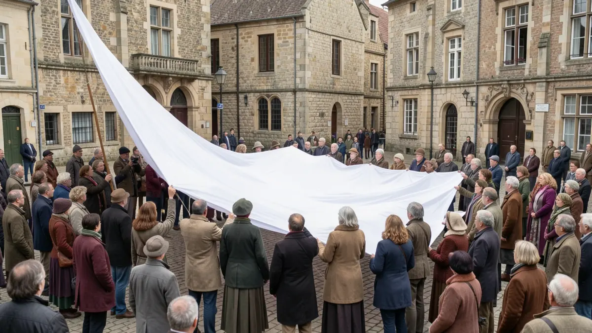 Generieke afbeelding van een grote witte vredesvlag die wordt uitgerold door een menigte mensen op een historisch stadsplein in Vlaanderen, met oude stenen gebouwen op de achtergrond. Zacht daglicht, documentaire stijl.