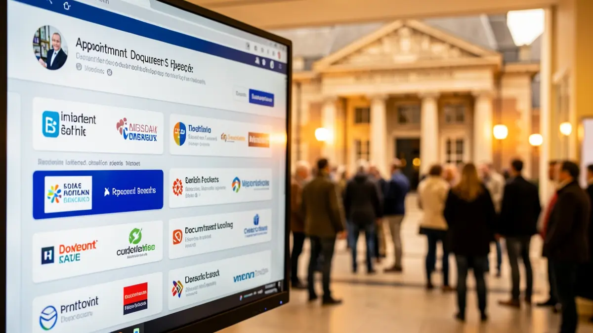 A digital display of online city services with the Ieper city hall in the background.