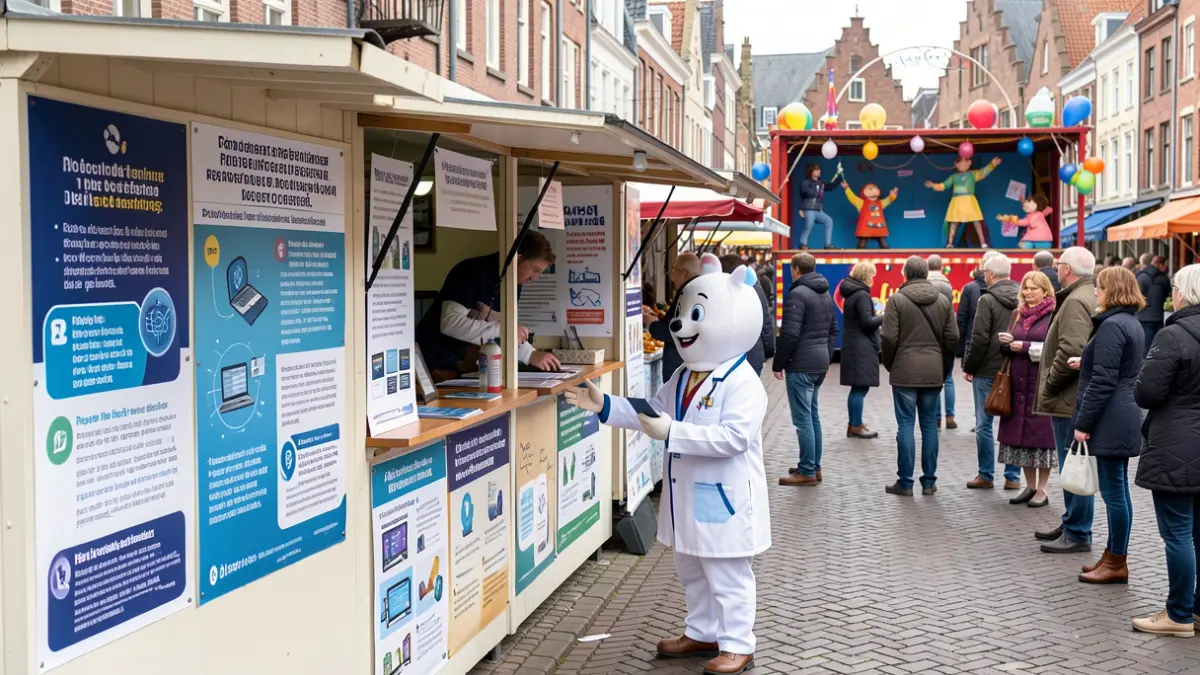 Information stand at the Genk market about phishing and digital security, featuring a 'digidokter' and street theater.