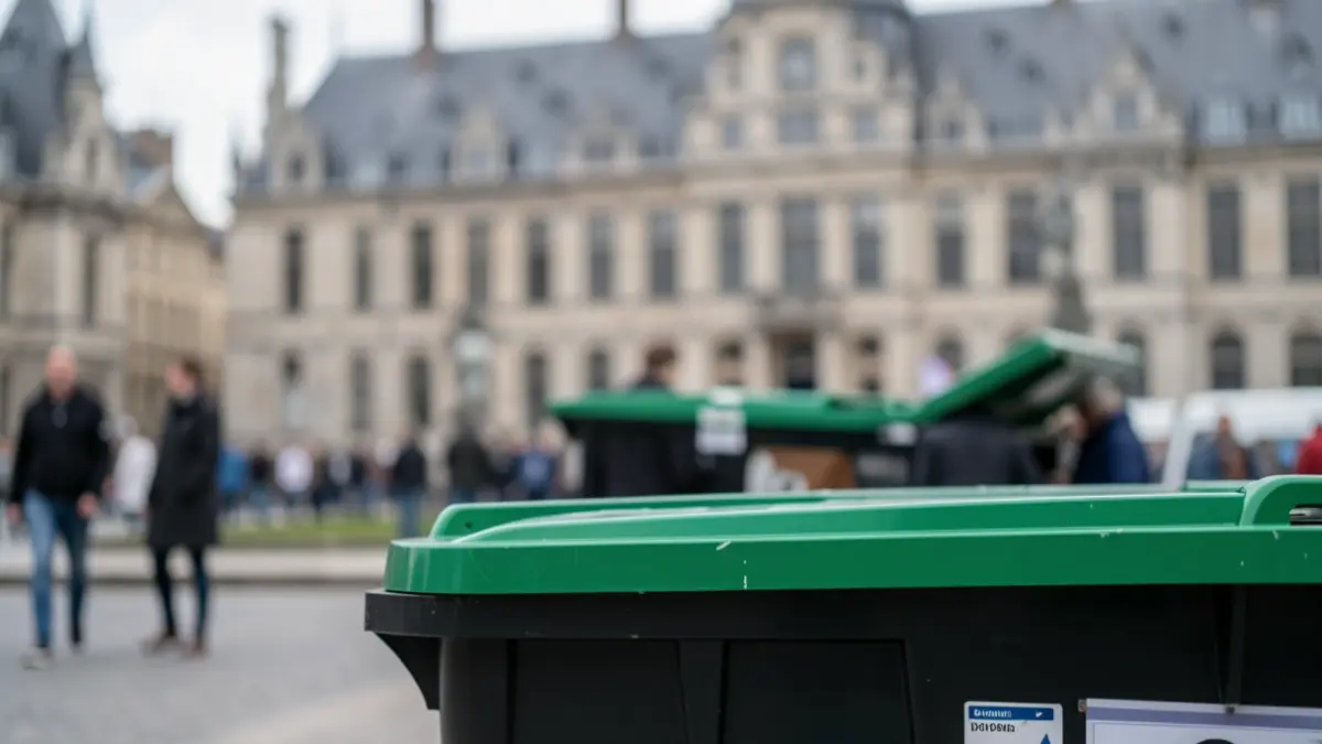Een close-up van een groene en zwarte afvalcontainer met een vervaagde Vlaamse gemeentehuisgevel op de achtergrond, zacht daglicht, documentaire fotografie stijl.