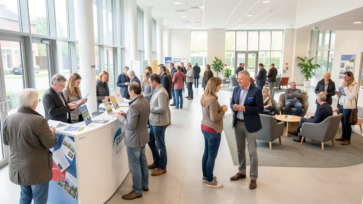 Generieke afbeelding van een infomarkt met diverse bezoekers en informatiekraampjes in een gemeentelijke zaal.