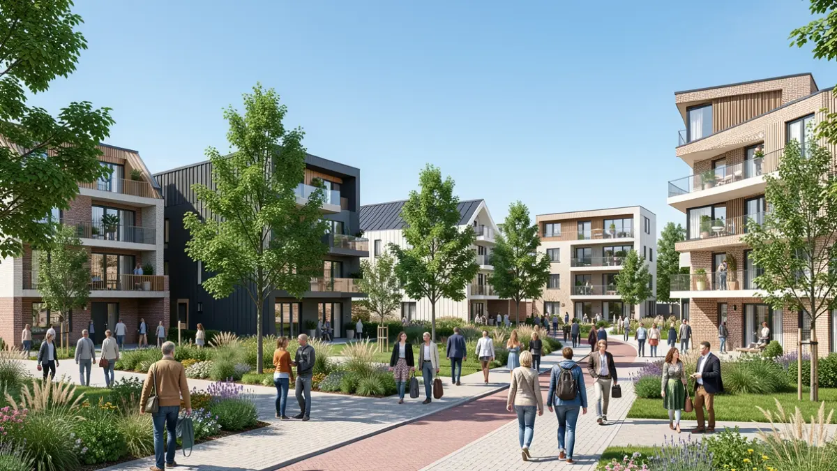 Generieke afbeelding van een moderne woonwijk met groene ruimtes en hedendaagse architectuur in Vlaanderen.
