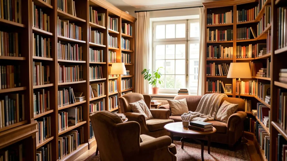 Generieke afbeelding van een gezellige bibliotheekruimte in Vlaanderen met boeken en zitplaatsen.