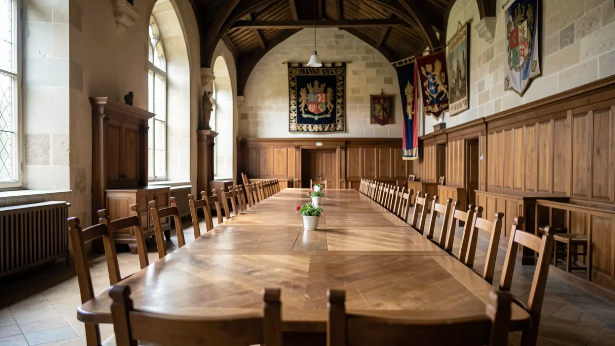 Generic image of a council chamber in a Flemish town hall, with a long table and chairs.