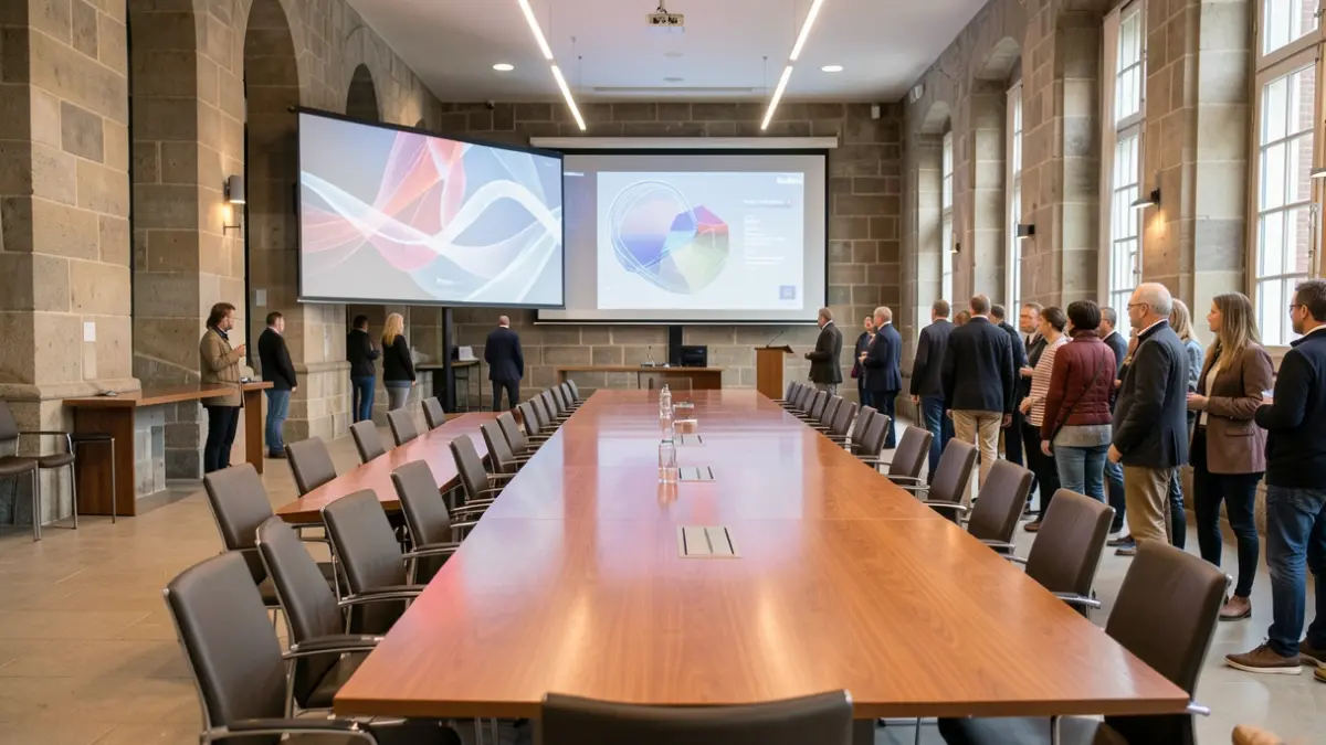 Generic image of a meeting room in a Flemish town hall with a projection screen.
