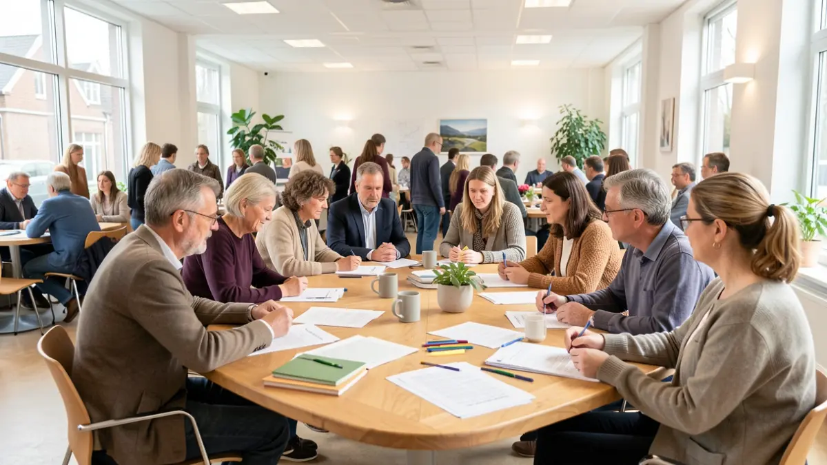 Een groep diverse mensen in een gemeenschapszaal die plannen bespreken.