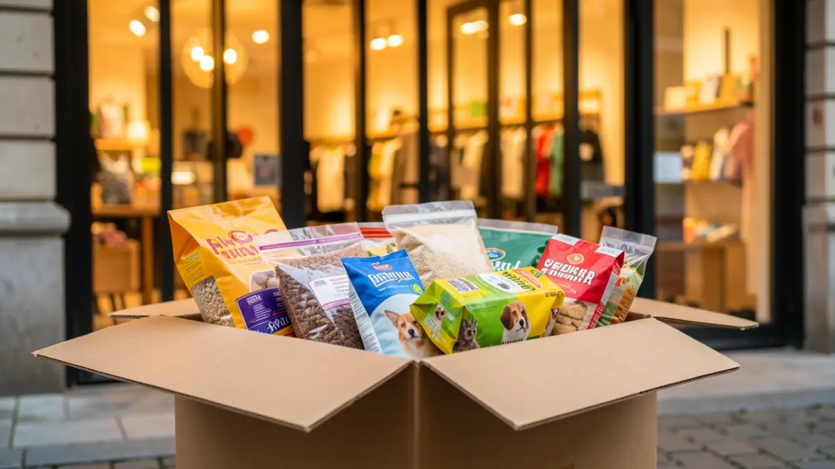 Generic image of a collection box filled with dry food and pet food items, placed in front of a supermarket entrance. Warm, inviting lighting.