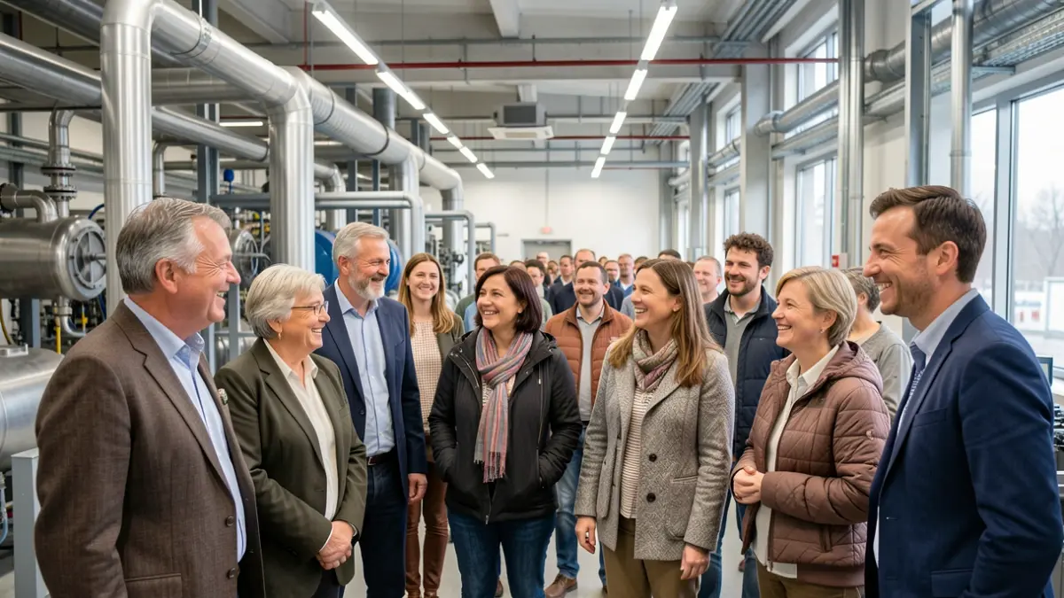 Group of neighbors visiting a modern industrial facility, focusing on community interaction and curiosity.