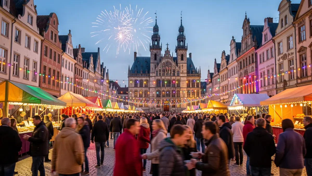 Festive street scene with lights, crowd, and town hall in the background during a fair in Schelle.