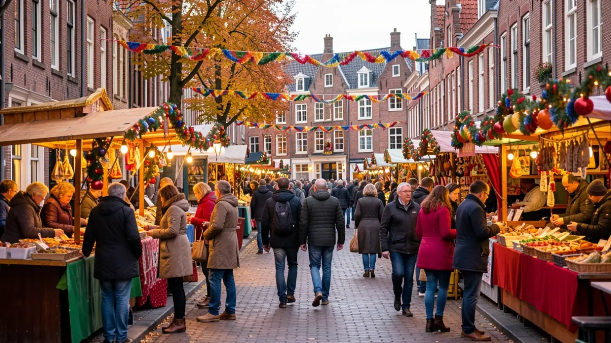Feestelijke jaarmarkt in Sint-Pieters-Leeuw met marktkramen en bezoekers.