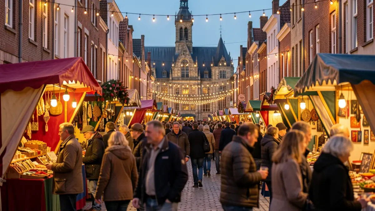 Generieke afbeelding van een levendige straatscène tijdens een traditionele jaarmarkt in Vlaanderen, met kleurrijke kramen, feestverlichting en een historische gevel op de achtergrond.