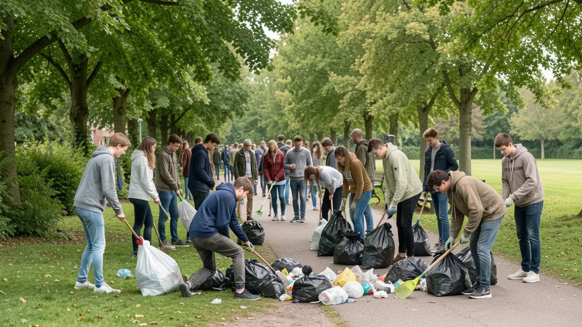 Generic image of a group of young people enthusiastically cleaning a park in Flanders, with trash bags and grabbers.
