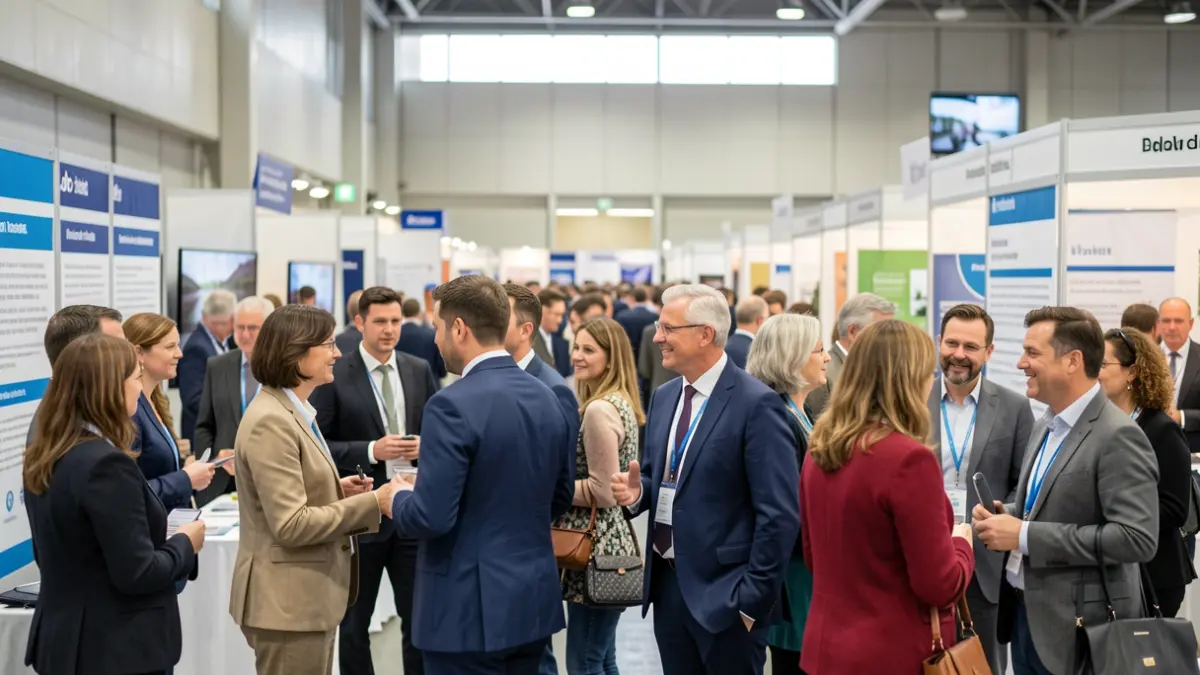 Een diverse groep mensen op een jobbeurs, netwerkend en pratend. Op de achtergrond zijn wazige stands en een grote evenementenhal te zien.
