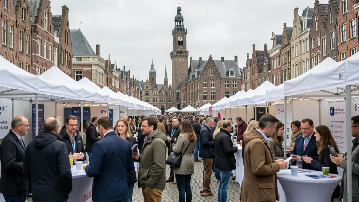 Generieke afbeelding van een jobbeurs in Vlaanderen met wazige figuren die netwerken en praten aan stands, met Vlaamse architectuur op de achtergrond.