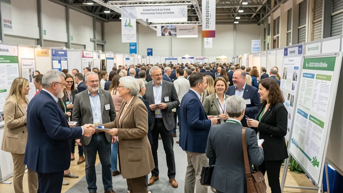 Generic image of a diverse group of people networking at a job fair, with job fair booths and a hopeful atmosphere.
