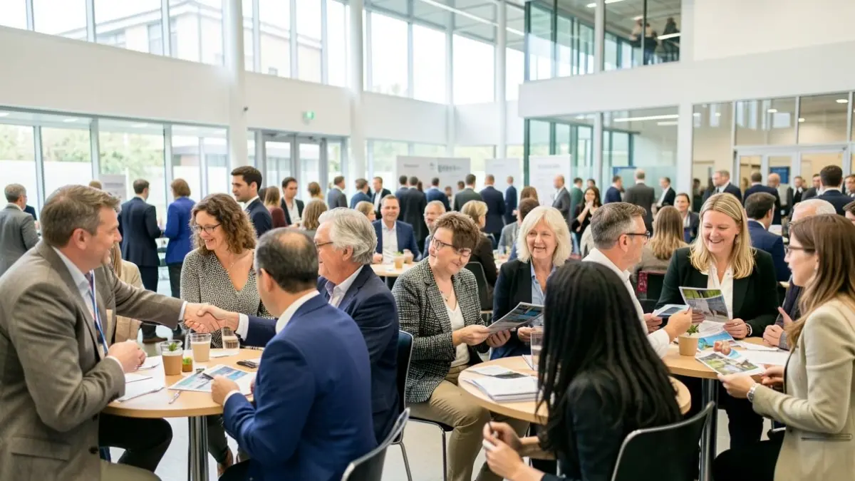 Generieke afbeelding van een jobbeurs met mensen die netwerken in een moderne zaal.
