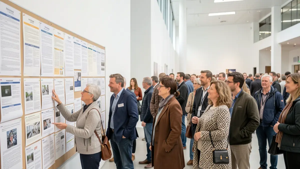 Generieke afbeelding van een diverse groep werkzoekenden die vacatures bekijken op een grote infobord in een moderne beurszaal. Zachte belichting.