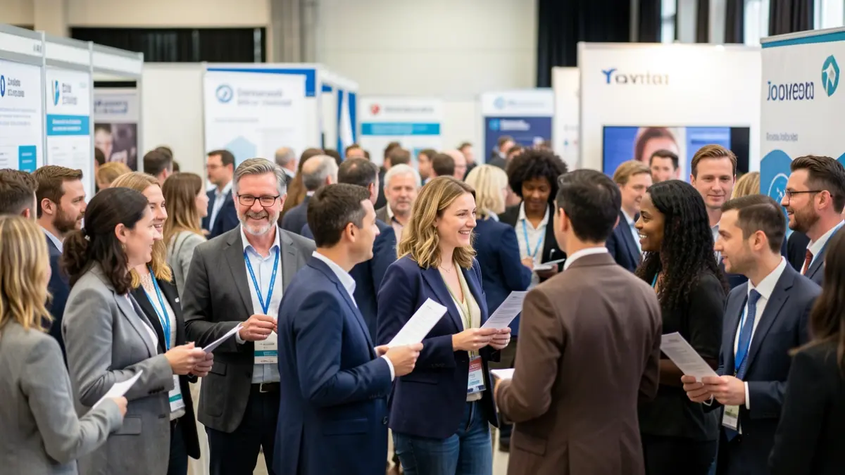 Een diverse groep mensen op een jobbeurs, pratend met recruiters en recruiters. Sommigen houden cv's vast. De achtergrond is wazig met bedrijfslogo's.