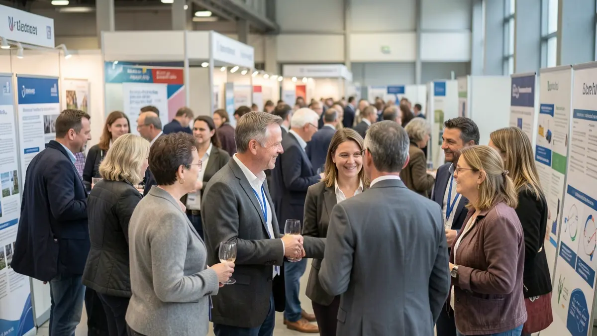 Generic image of a diverse group of people networking at a job fair, with blurred stands and information boards in the background.