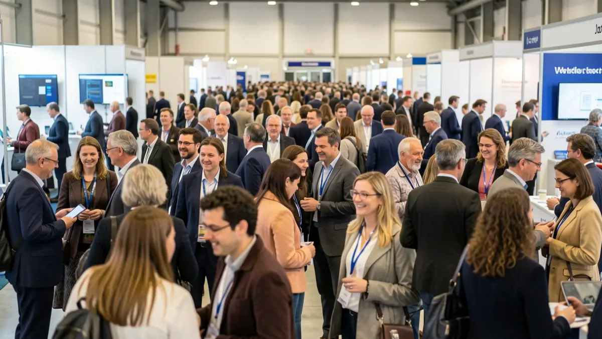 Generieke afbeelding van een jobbeurs met werkzoekenden en bedrijfsstands.
