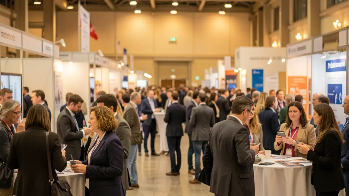 Generieke afbeelding van een jobbeurs met bedrijven en bezoekers.