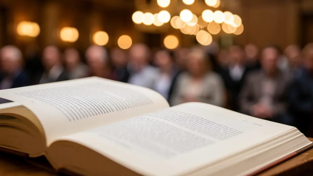 A close-up of an open book with elegant typography, pages slightly blurred, suggesting a literary award. The background is a soft, warm bokeh of lights, evoking an academic or cultural atmosphere. No visible text or specific objects, focus on the book and ambiance.