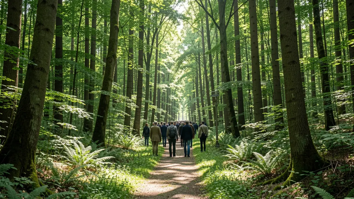 Een bosrijk landschap met zonlicht dat door de bomen valt, met een pad dat de diepte in leidt.