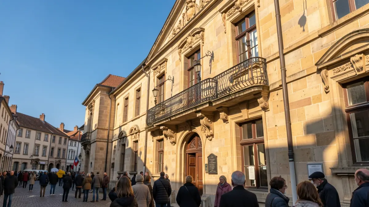 Stadhuis van een Vlaamse gemeente met balkon en zonlicht.