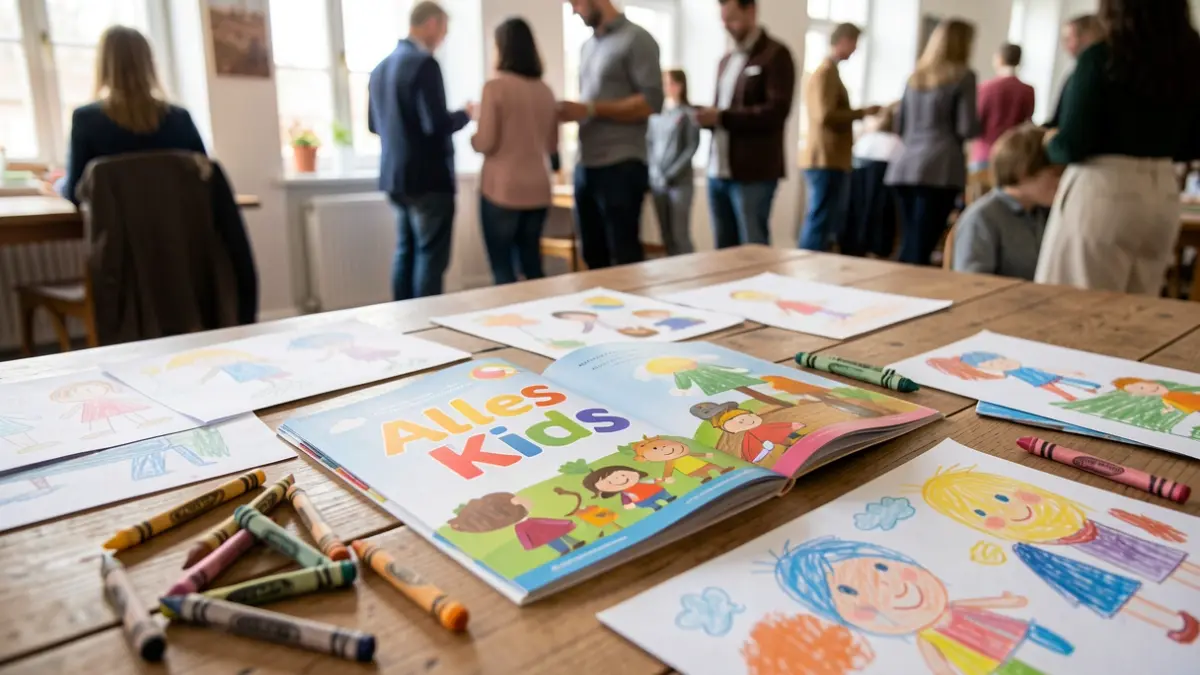 A colorful brochure 'Alles Kids' lies open on a wooden table, surrounded by children's drawings and crayons. Soft, natural light.