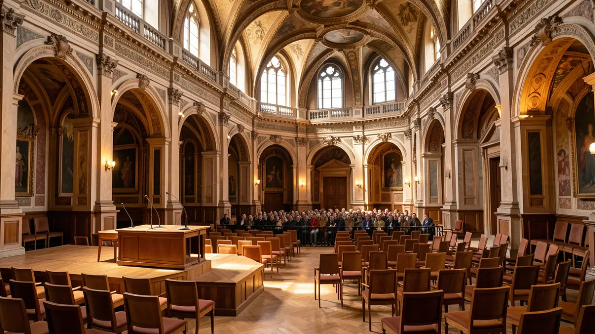 Generieke afbeelding van een statige, historische Vlaamse academiezaal met lege stoelen en een podium.