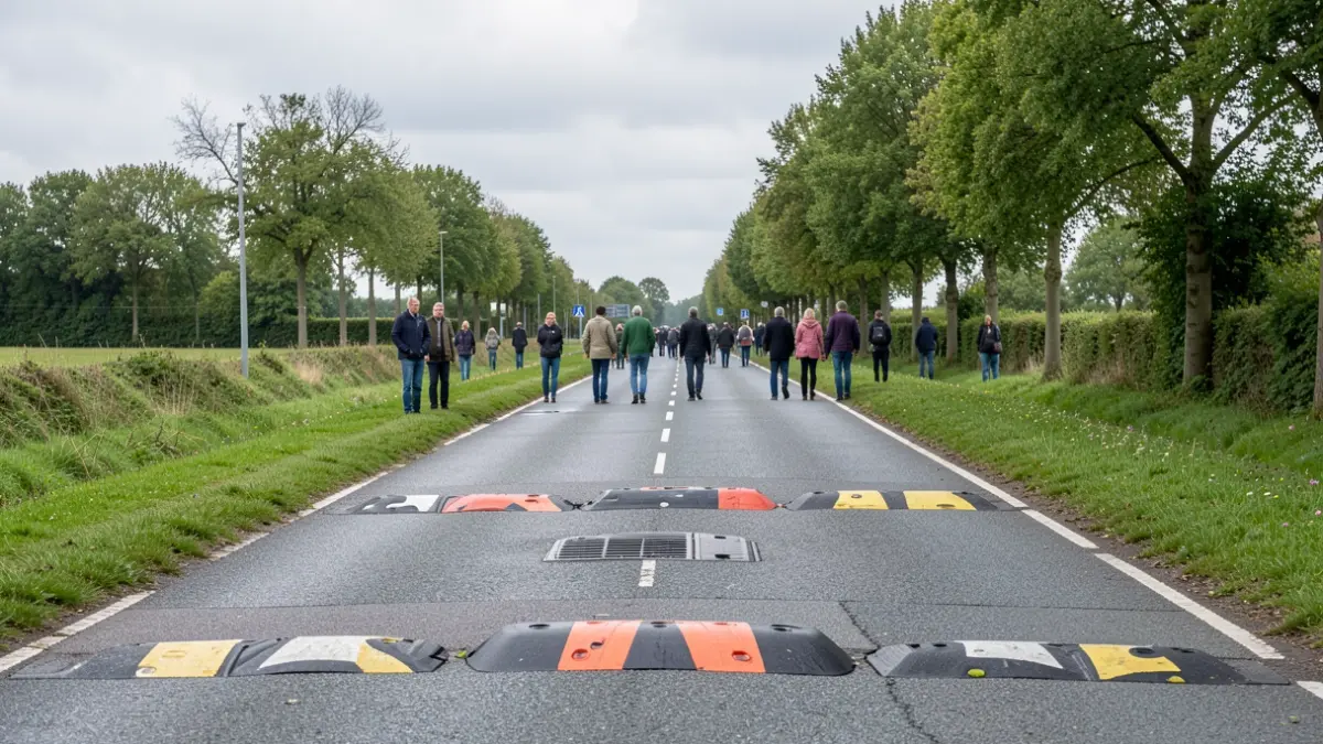 Generieke afbeelding van een weg in Vlaanderen met verkeersremmende kussens.