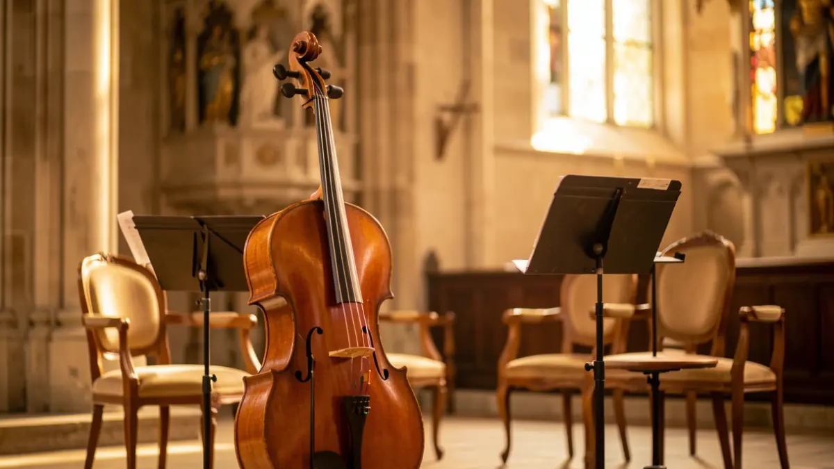 Generic image of a concert stage in a historic Flemish church, featuring a cello and sheet music, bathed in soft, golden light.