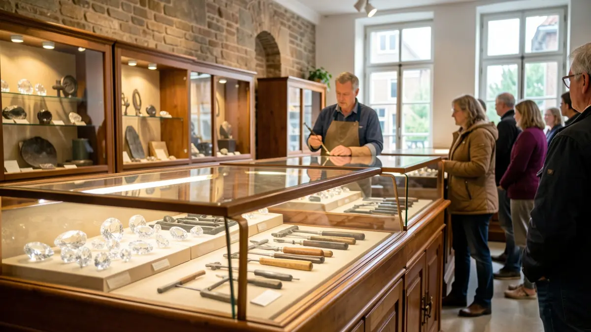 Interior of the Kempens Diamantcentrum in Nijlen with display cases and a guide.