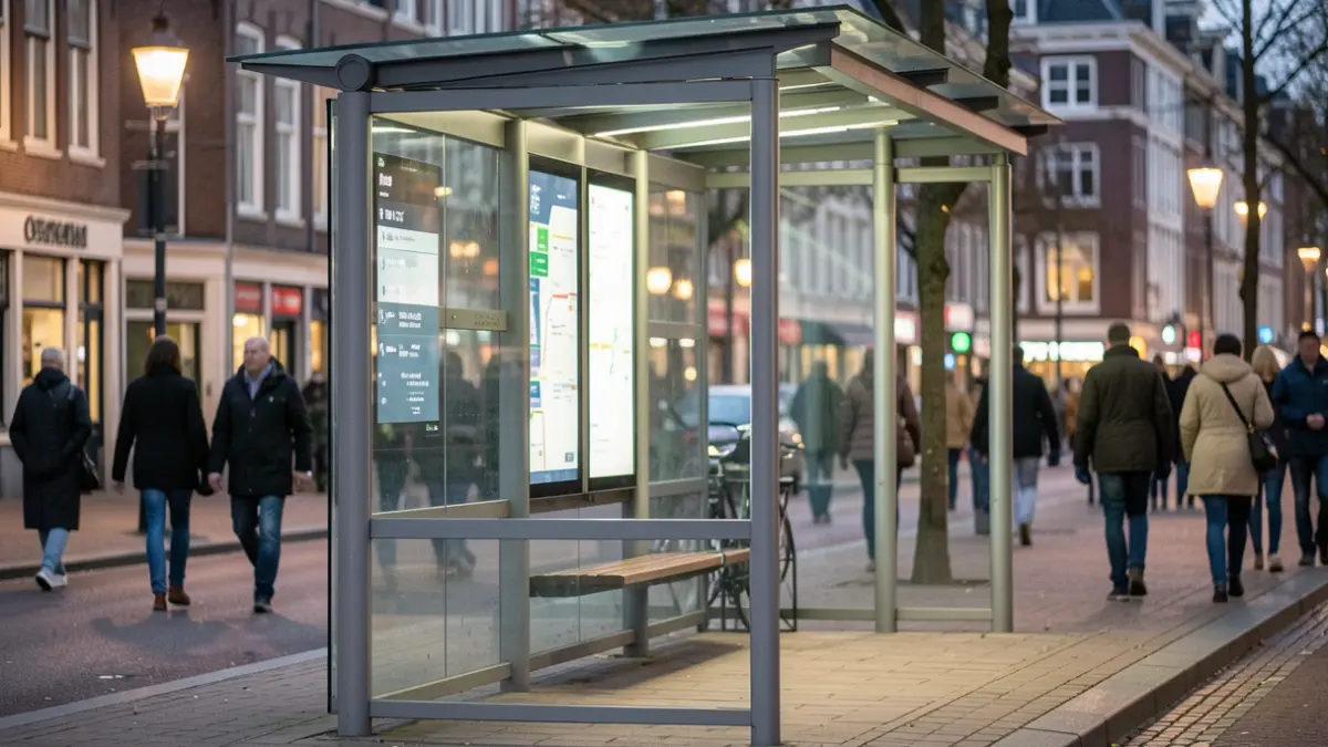 A modern, clean bus stop in Mechelen with a digital screen. The background shows a blurred urban scene.