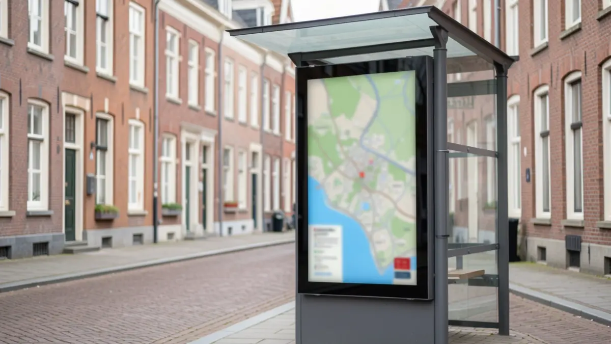 Generic image of a bus stop with a digital information screen. No specific locations or people.
